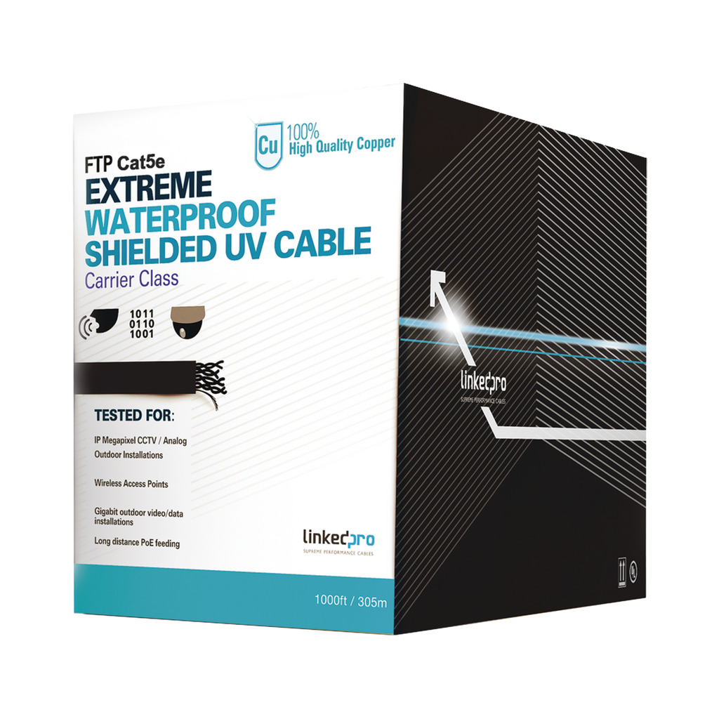 Bobina de cable Cat5e Linkedpro intemperie sin blindar 100% Cobre 305 Metros color Negro PRO-CAT5-EXT-LITE