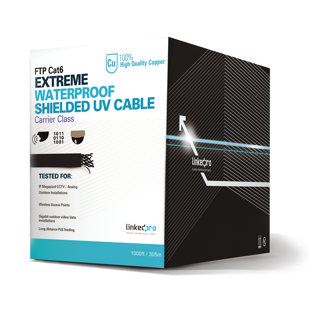Bobina de cable FTP/UTP Linkedpro Cat6+ CALIBRE 23 Exterior Blindado tipo FTP para CLIMAS EXTREMOS color Negro 305 Mts PRO-CAT-6-EXT