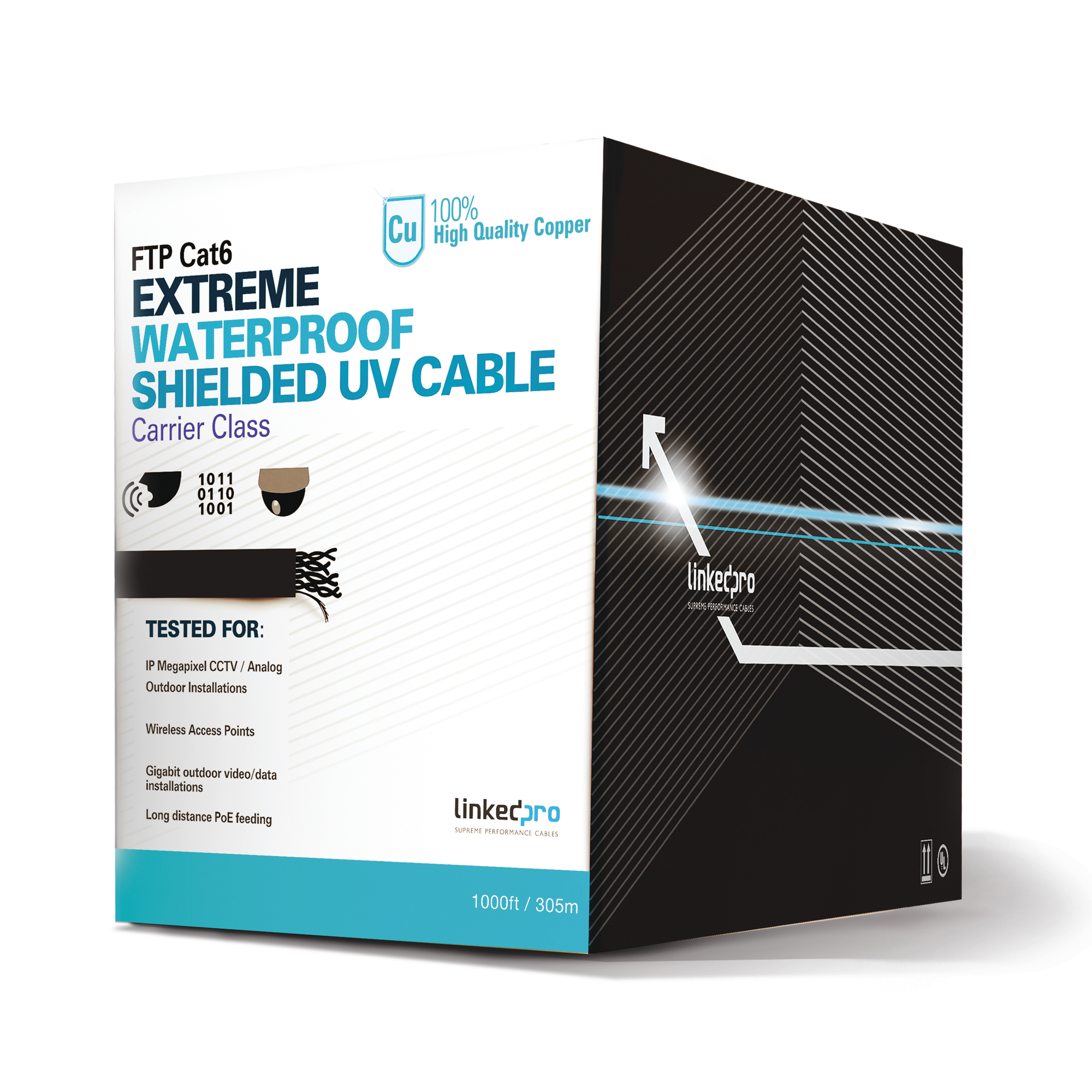 Bobina de cable UTP LinkedPro Cat6 23 AWG sin blindar para intemperie Color Negro 305 Metros PRO-CAT-6-EXT-LITE - SILYMX