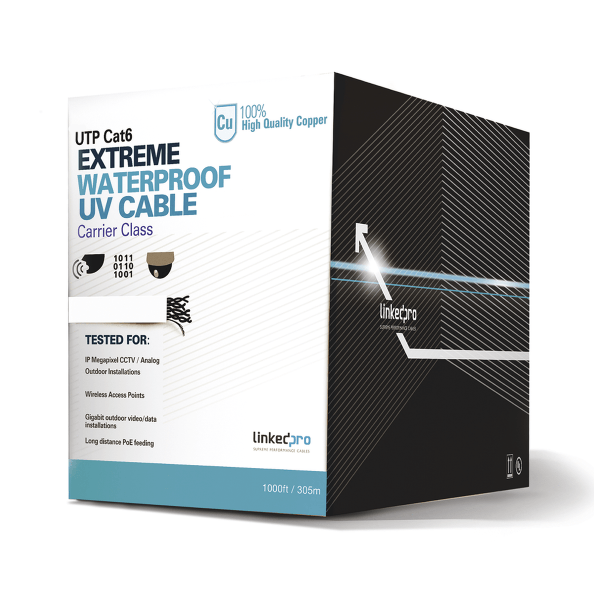 Bobina de cable UTP LinkedPro Cat6 23 AWG sin blindar para intemperie Color blanco 305 Metros PRO-CAT-6-EXT-LITEW - SILYMX