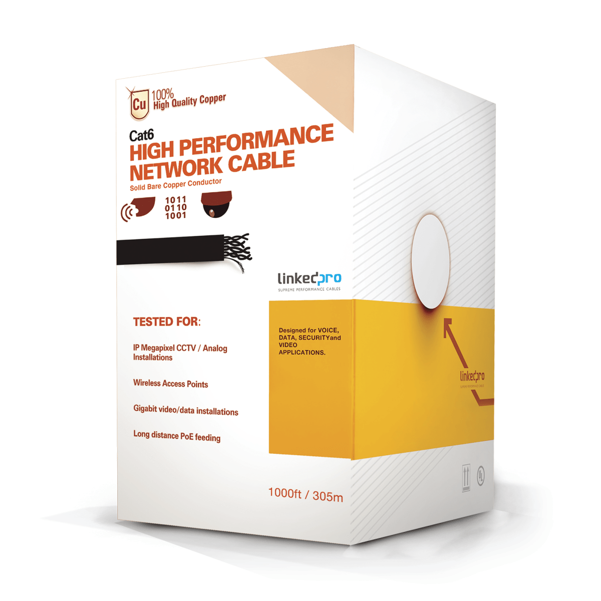 Bobina de cable de 305 metros Cat6+, CM, CALIBRE 23 ALTO RENDIMIENTO, ETL,UL, con garantía de por vida, color azul, super flexible, para aplicaciones de video vigilancia, video HD, y redes de datos. Uso interior - SILYMX