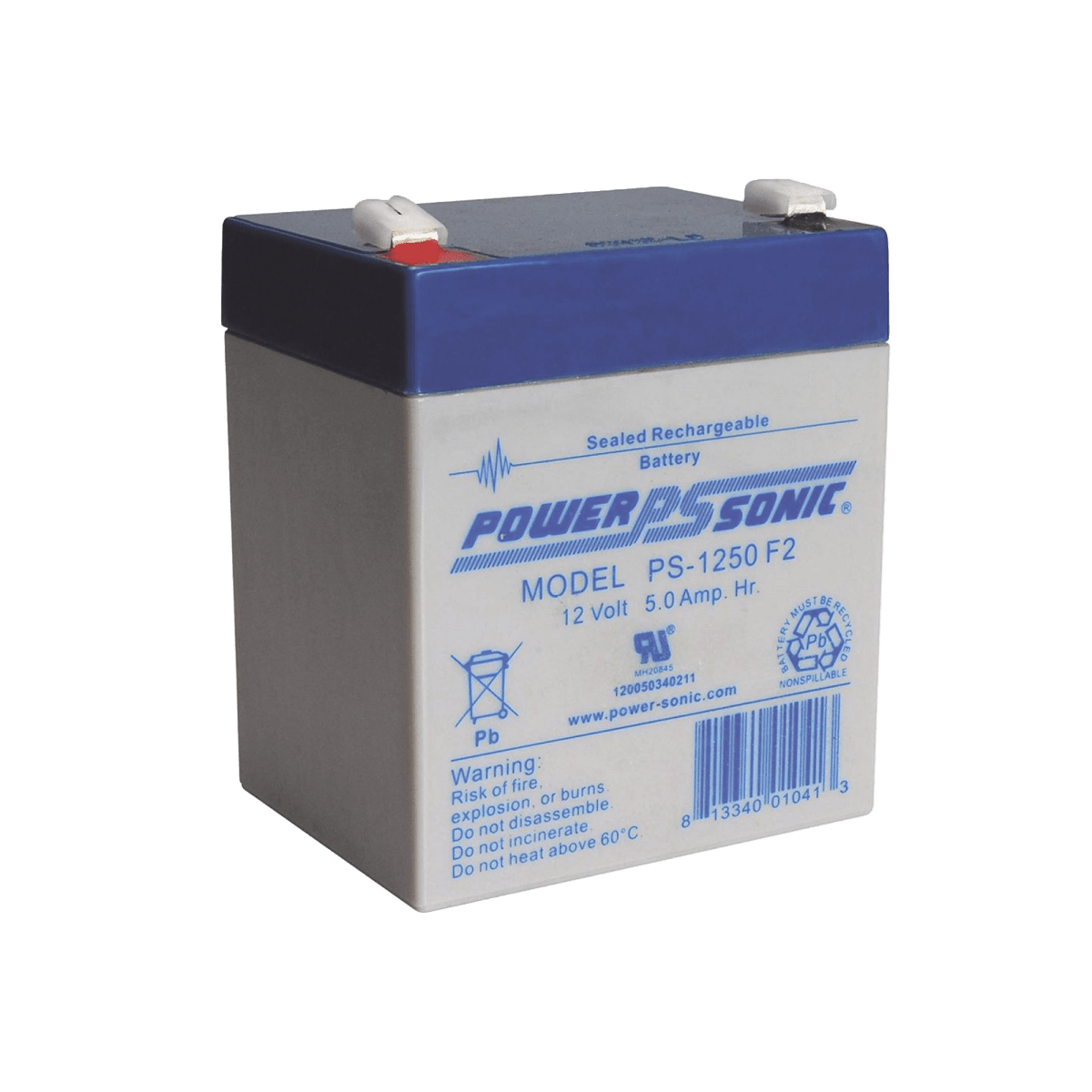 Batería POWER SONIC 12V 5AH Para Respaldo Tecnologías AGM/VRLA 5 Años Vida Útil Terminales F2 Reconocida UL PS-1250-F2 - SILYMX
