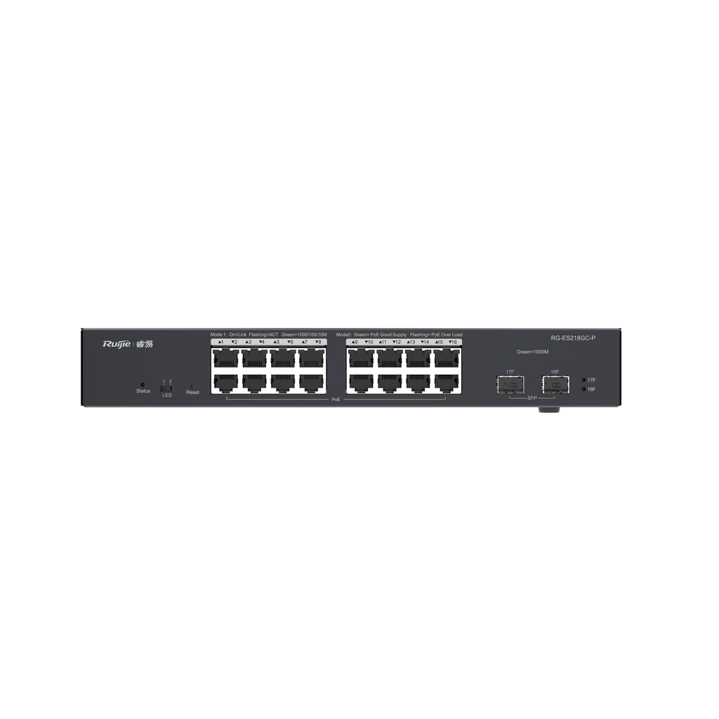 Switch RUIJIE L2 Administrable PoE con 16 puertos Gigabit PoE 802.3af/at + 2 SFP para fibra 1Gb gestión gratuita desde la nube 240w RG-ES218GC-P