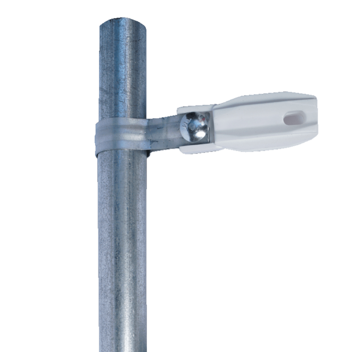 Aislador de paso o esquina de color Blanco con abrazadera incluida de 33-38mm para uso en tubería de malla ciclónica. - SILYMX