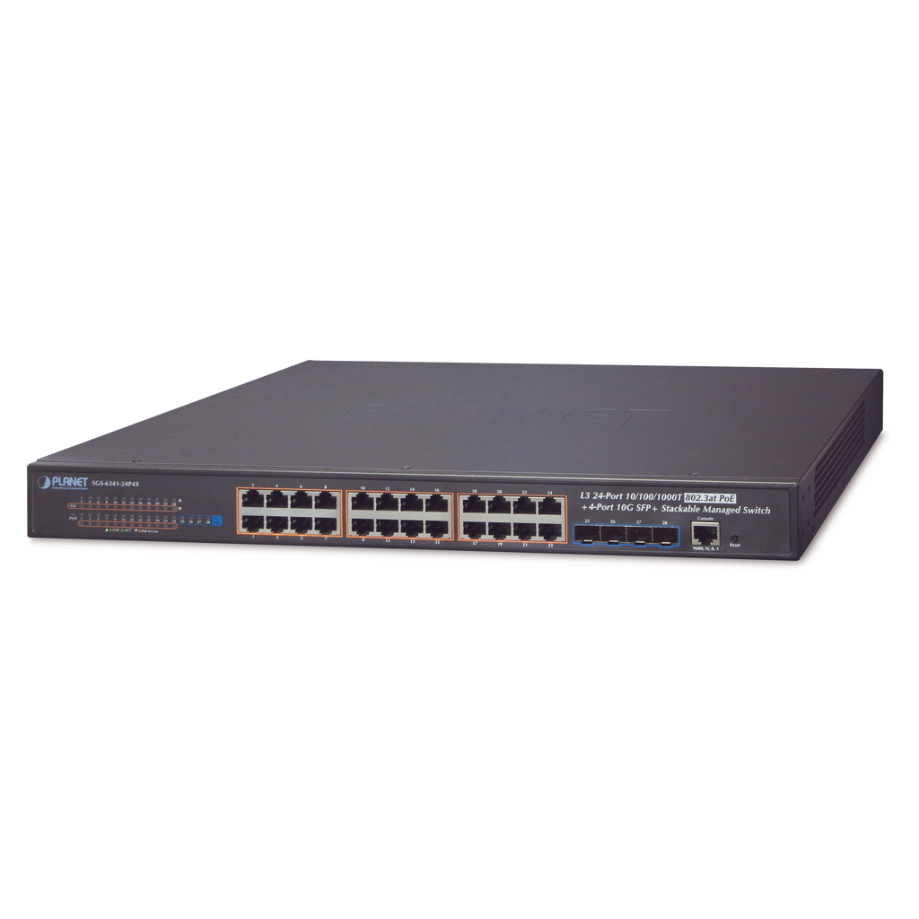 Switch Administrable L3 Stacking 10/100/1000T 24 puertos PoE802.3at, 4 puertos 10G SFP+ 370 W - SILYMX