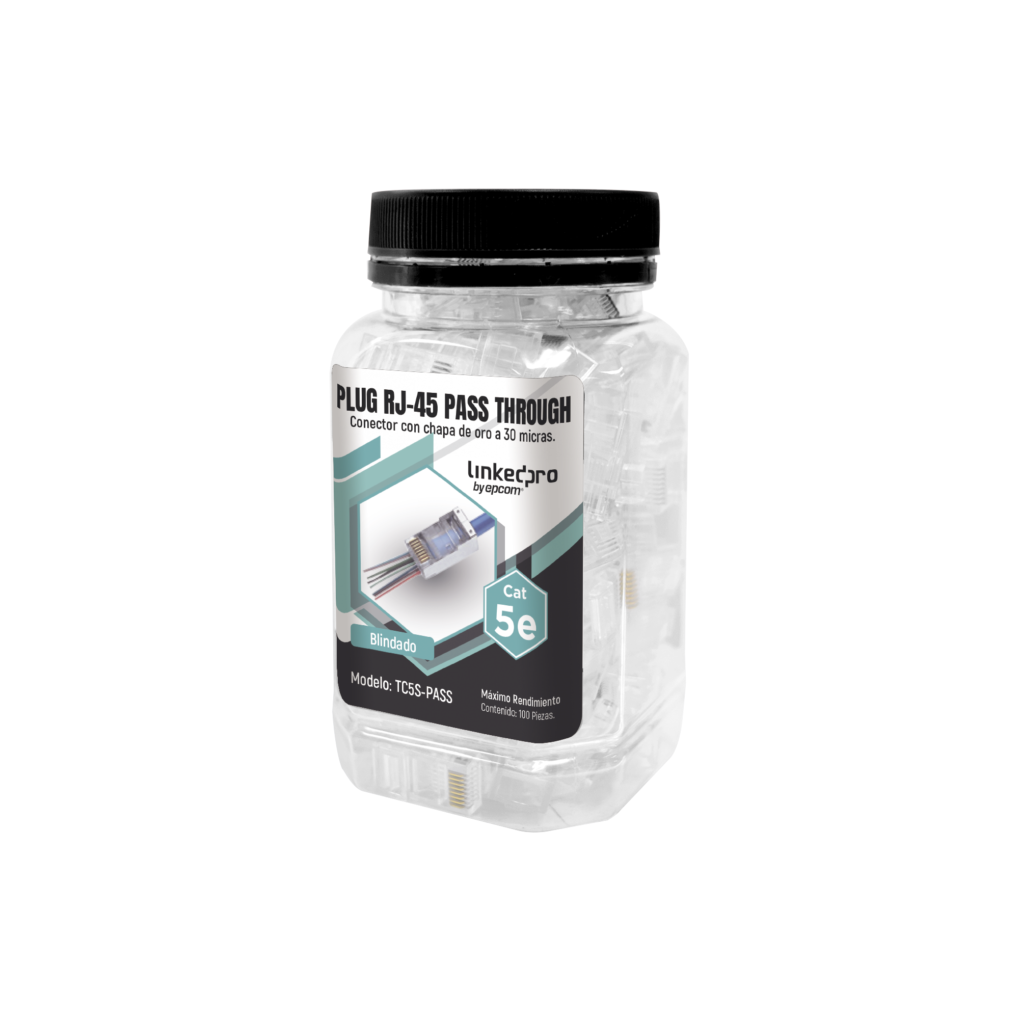 Bote con 100 Plugs Pass through RJ45 Cat5e BLINDADO, chapado de oro a 30 micras para durabilidad extrema - SILYMX