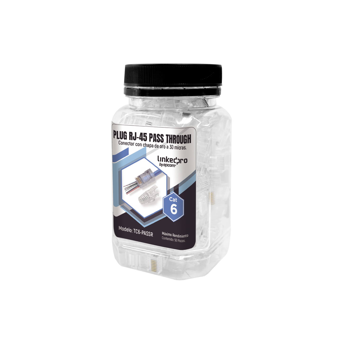 Bote con 50 Plugs Pass through RJ45 Cat6 sin blindaje, con alivio de tensión incluido, chapado de oro a 30 micras para durabilidad extrema - SILYMX