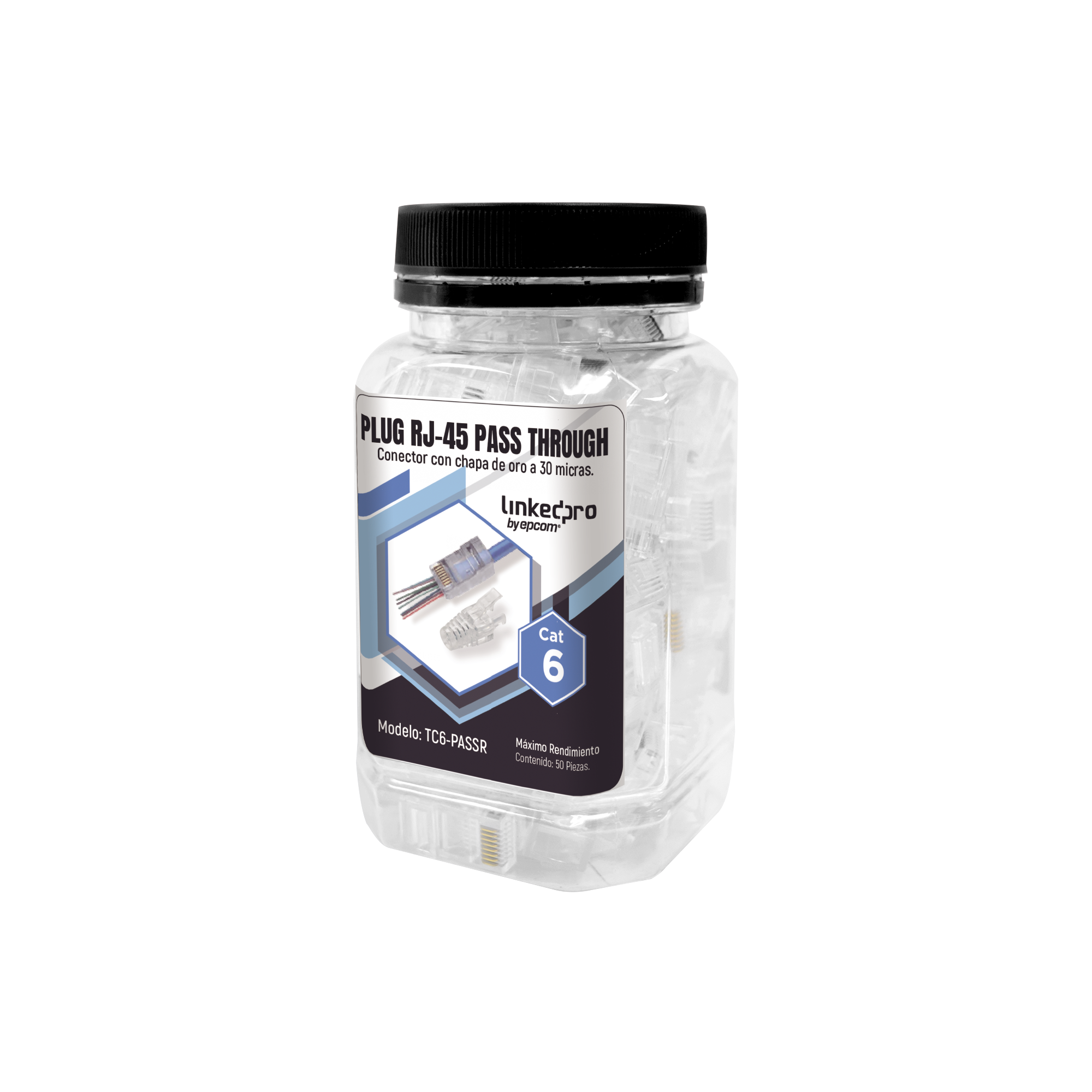 Bote con 50 Plugs Pass through RJ45 Cat6 sin blindaje, con alivio de tensión incluido, chapado de oro a 30 micras para durabilidad extrema - SILYMX