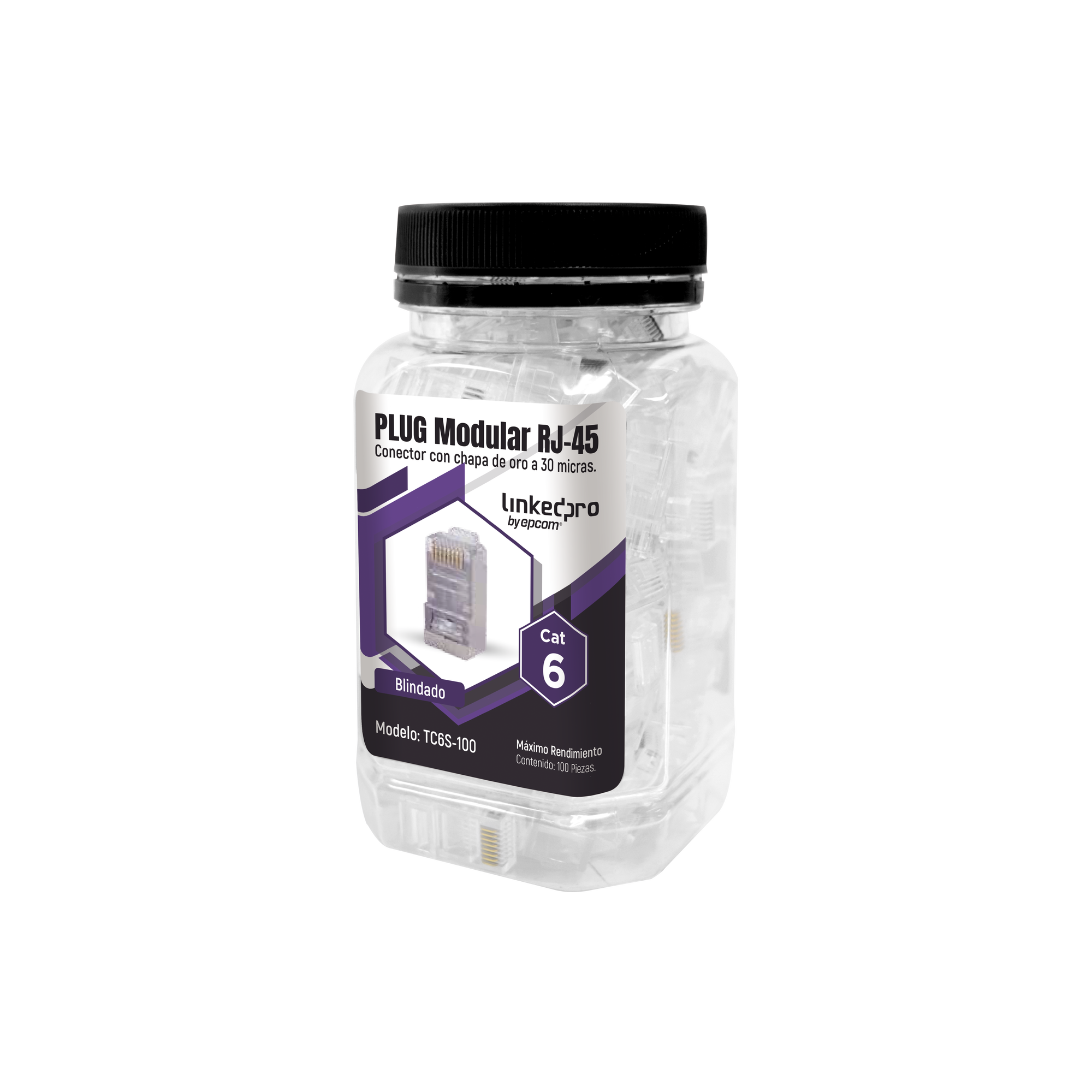 Bote con 100 Piezas de Plug Modular RJ45 Cat6 blindado, chapado de oro a 30 micras para durabilidad extrema SIN PIN DE TIERRA TC6S-100 - SILYMX