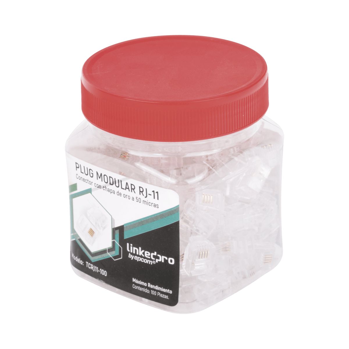 Bote con 100 piezas de plug modular tipo RJ11 de 4 contactos chapado de oro a 50 micras - SILYMX