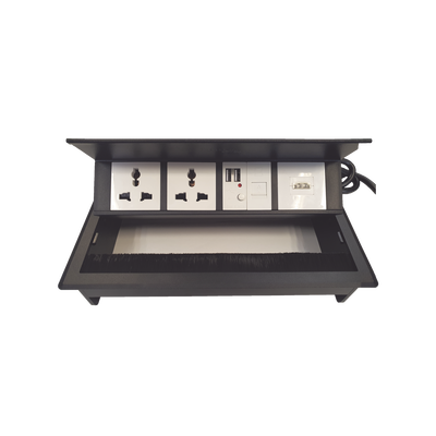 Caja Horizontal tipo Hub para escritorio con 1 Puerto HDMI Hembra-Hembra 1 puerto RJ45 Cat6 2 Puertos USB y 2 Contactos eléctricos universales