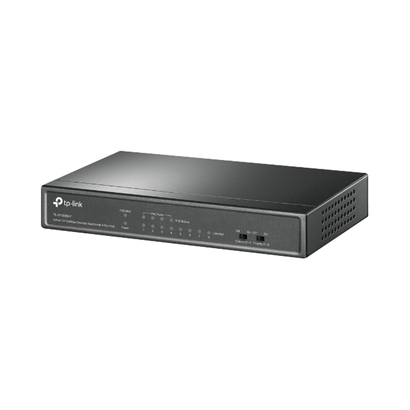 Switch PoE no Administrable de escritorio 8 puertos 10/100 Mbps, 4 puertos PoE, 41 W, modo extensor PoE hasta 250 metros. - SILYMX