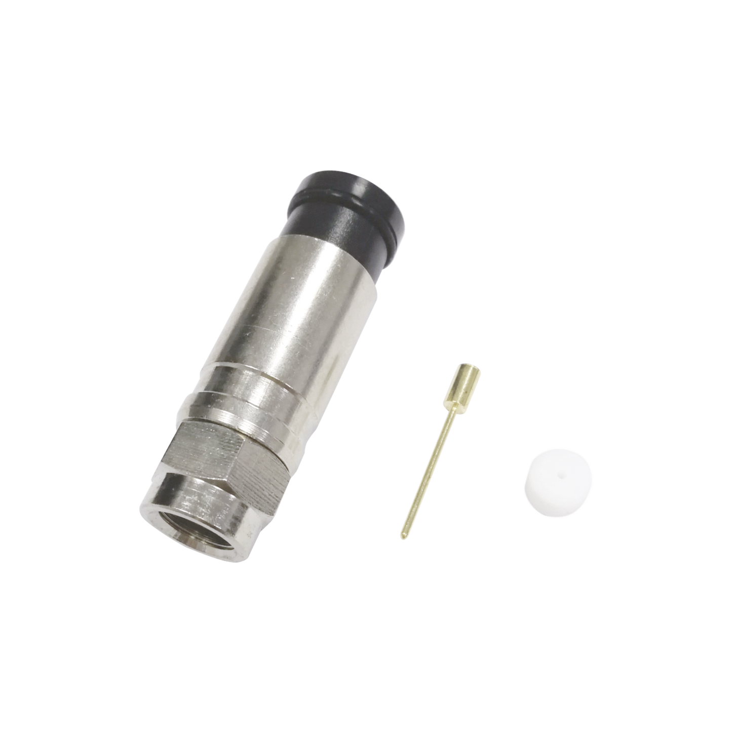 Conector F Macho de Compresión Axial con Borne Negro para instalar en Cable Coaxial RG-11, 75 Ohm, Bronce-Niquelado. - SILYMX