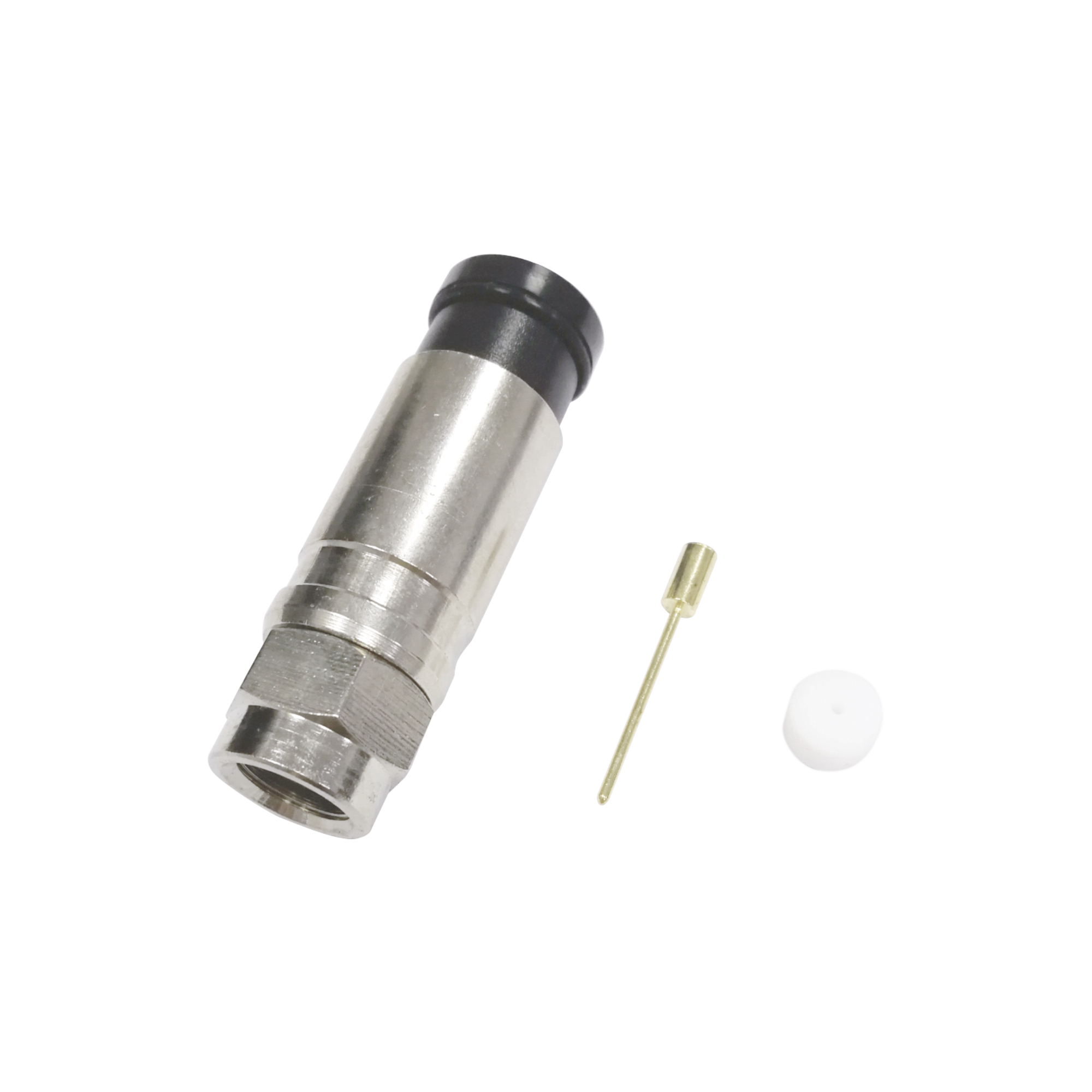 Conector F Macho de Compresión Axial con Borne Negro para instalar en Cable Coaxial RG-11, 75 Ohm, Bronce-Niquelado. - SILYMX