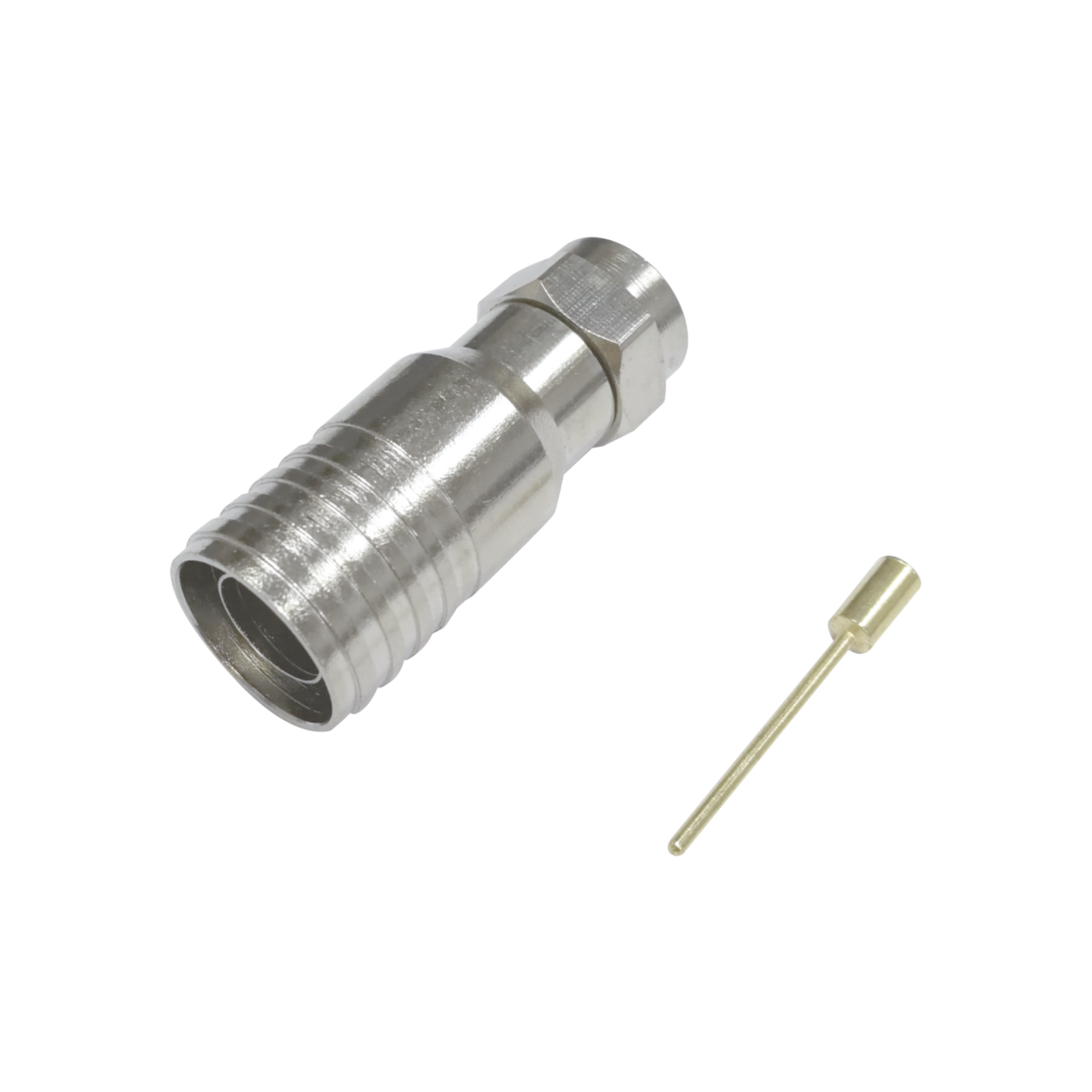 Conector F Macho en 75 Ohm, Plegable para Instalar en Cables Coaxiales RG-11, Cuerpo de Bronce-Niquelado/ Teflón - SILYMX