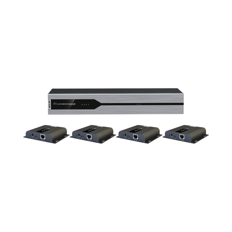 Kit Divisor y Extensor HDMI (Extender Splitter) / Divide 1 Fuente HDMI a 4 Pantallas / Extiende la señal HDMI hasta 120 m / Resolución 4Kx2K @ 30 Hz / Cat 5e/6/6a / Uso 24/7 / Longitud del cable autoajustable / Alimente solo el Tx (PoC). - SILYMX