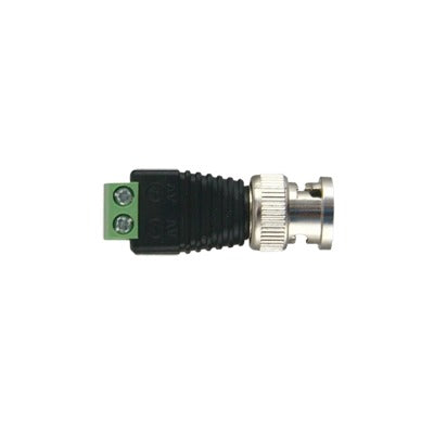 Adaptador de conector BNC macho a 2 terminales-tornillo para cables AWG-26-14, en aplicaciones CCTV, Níquel/ Oro/ PTFE y PVC. - SILYMX