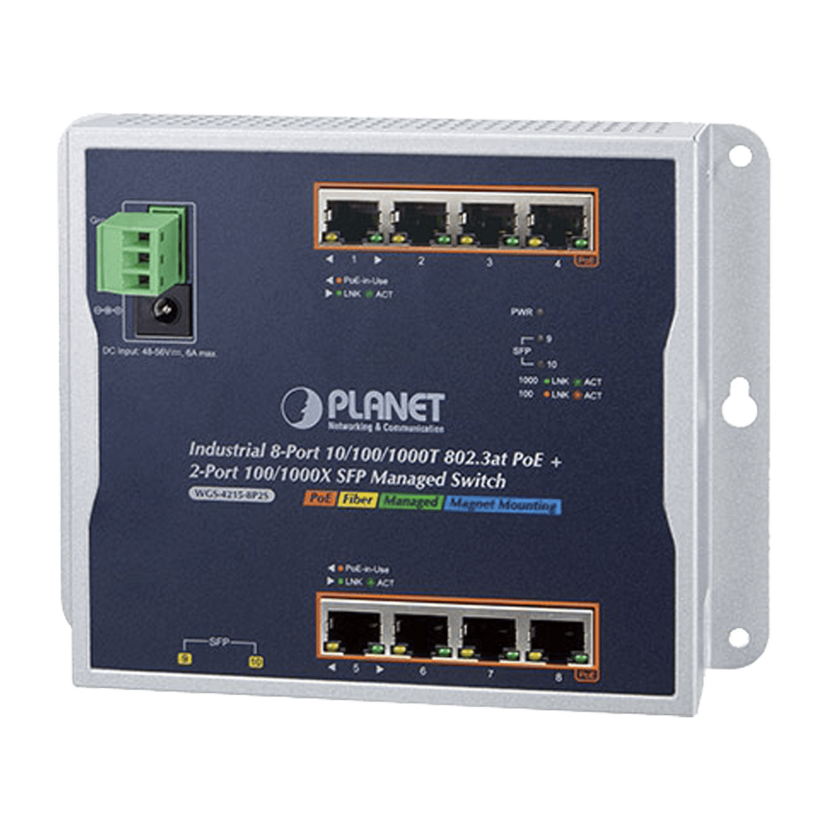 Switch Industrial PoE Administrable de Pared Capa 2, 8 Puertos Gigabit PoE 802.3at y 2 Puertos 100/1000X SFP - SILYMX