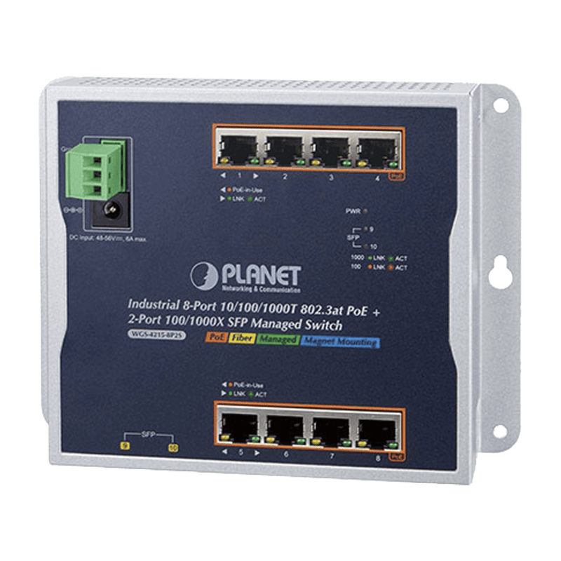 Switch Industrial PoE Administrable de Pared Capa 2, 8 Puertos Gigabit PoE 802.3at y 2 Puertos 100/1000X SFP - SILYMX