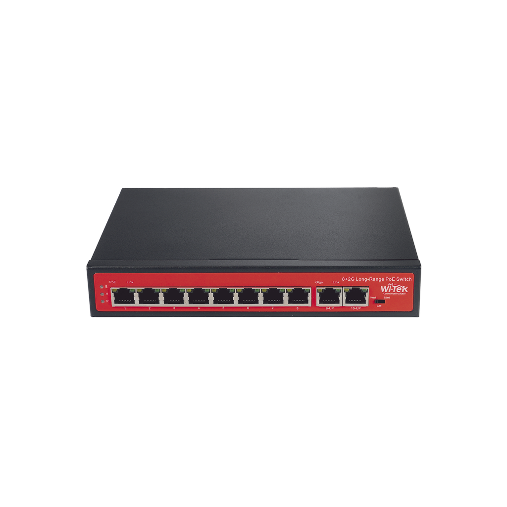 Switch PoE (802.3af/at/bt) no administrable de largo alcance, hasta 250m, 8 x 10/100Mbps (PoE) + 2 x Puertos Gigabit Uplink, 120 W - SILYMX