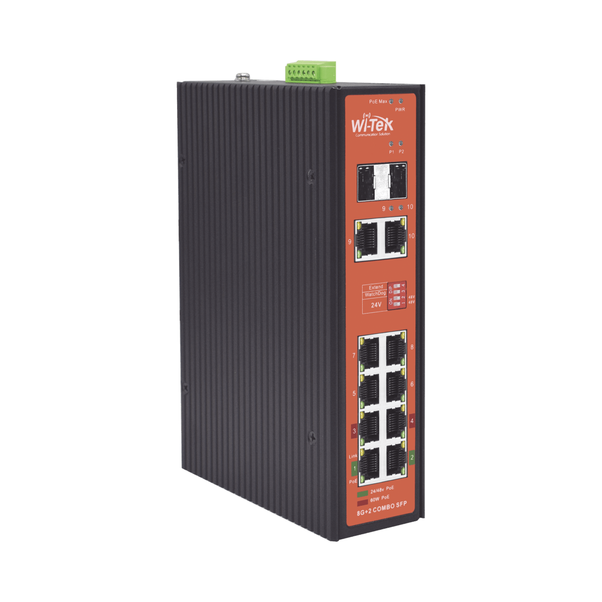 Switch Industrial PoE++ y pasivo de 24V, no administrable con 8 puertos Gigabit + 2 SFP combo - SILYMX