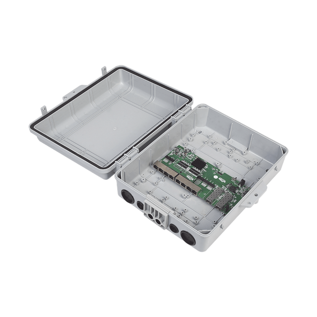 Switch WISP/FTTx con 7 puertos PoE inverso de 24V Pasivo (PoE in), 1 puerto PoE out de 24V + 2 SFP, Integrado con Gabinete NEMA IP67 para exterior - SILYMX