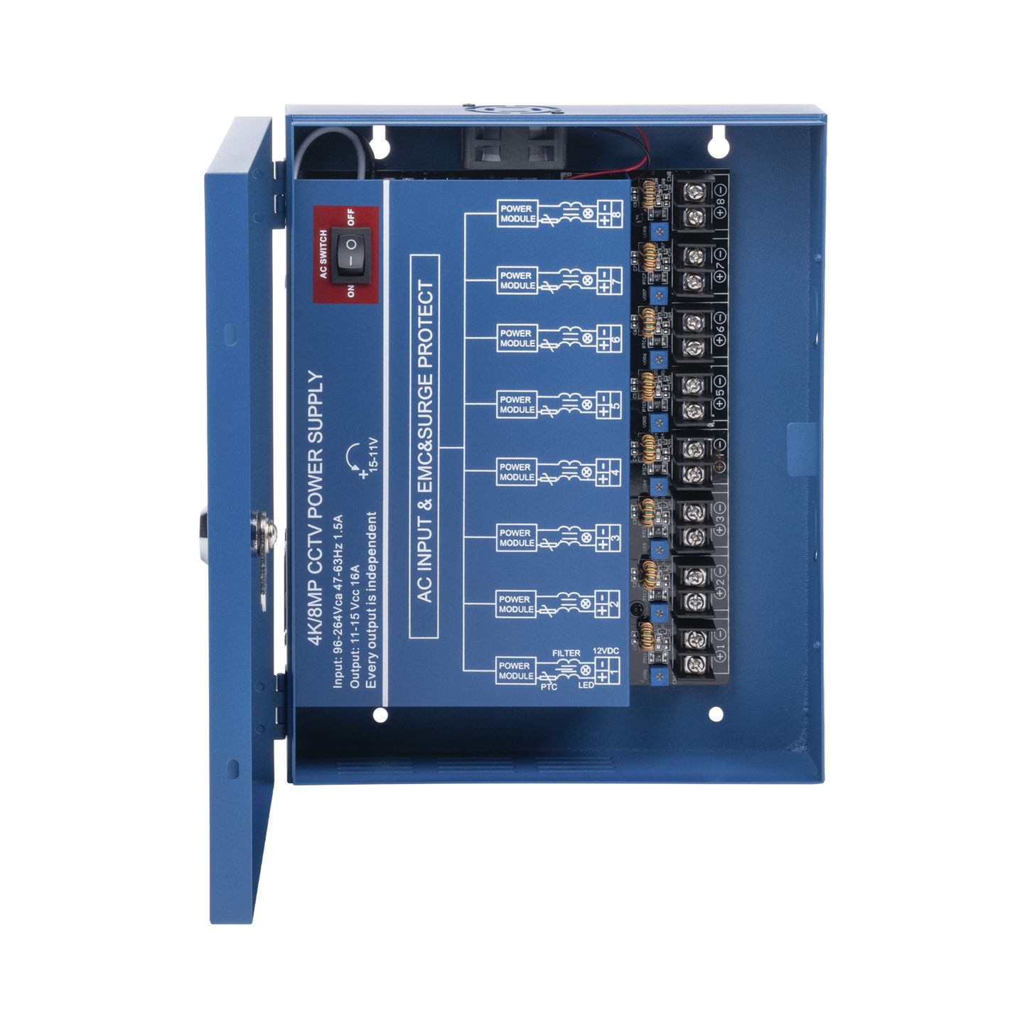Fuente de Poder Profesional HEAVY DUTY @ 16 Amperes 8 Canales Hasta 2A por Salida Ajuste independiente de 11 a 15 Vcc por Salida Protección Contra Sobrecargas Filtro de Ruido Especial para Cámaras 4K - SILYMX