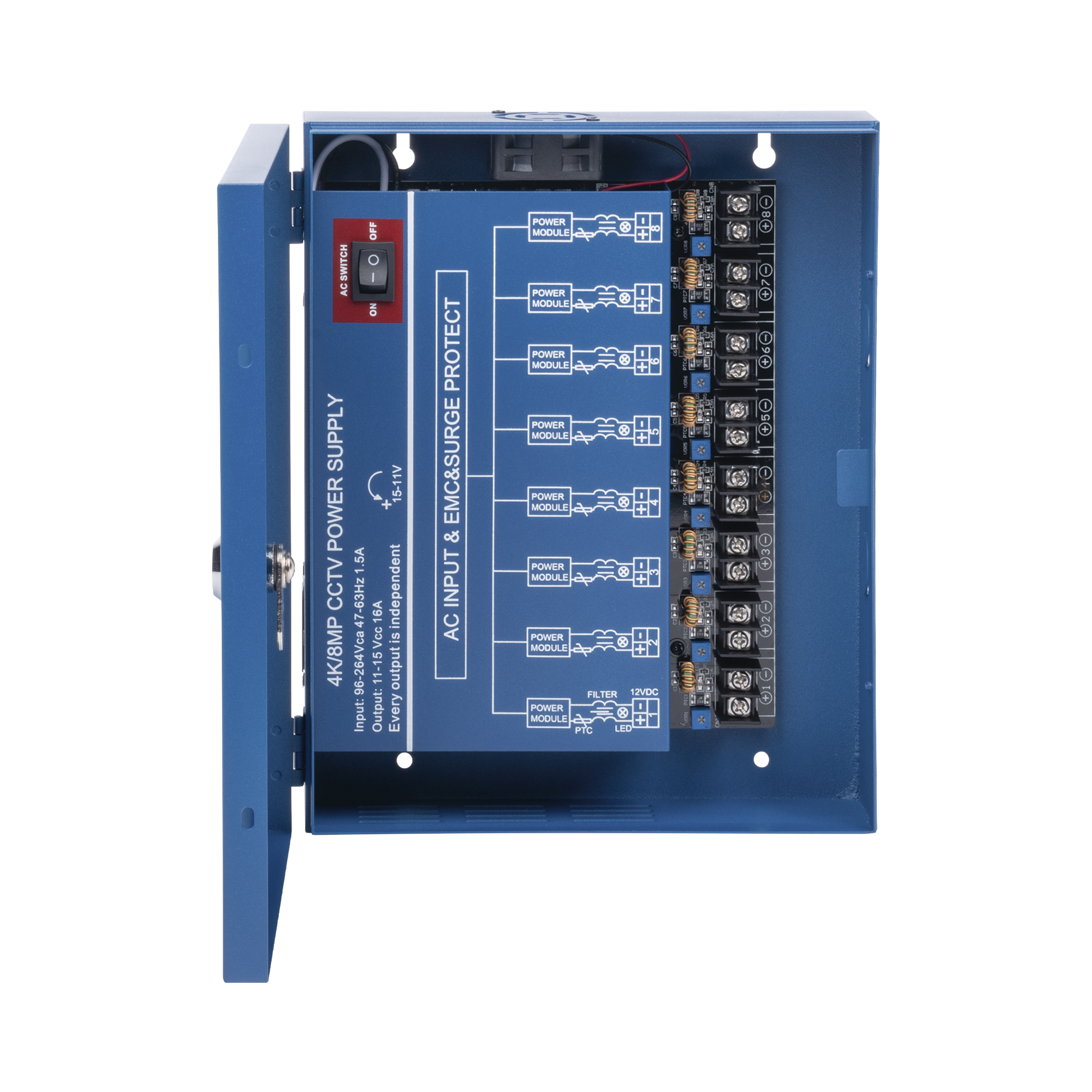 Fuente de Poder Profesional HEAVY DUTY @ 16 Amperes 8 Canales Hasta 2A por Salida Ajuste independiente de 11 a 15 Vcc por Salida Protección Contra Sobrecargas Filtro de Ruido Especial para Cámaras 4K - SILYMX
