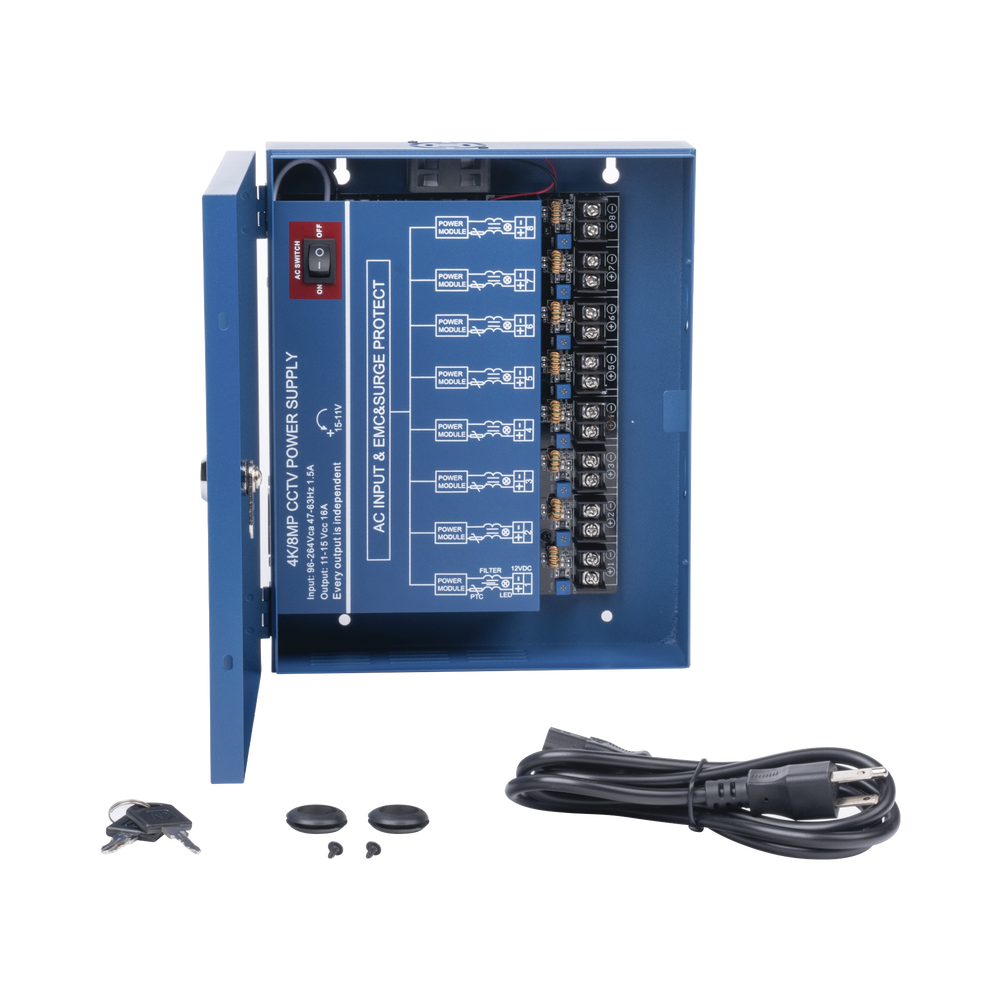 Fuente de Poder Profesional HEAVY DUTY @ 16 Amperes 8 Canales Hasta 2A por Salida Ajuste independiente de 11 a 15 Vcc por Salida Protección Contra Sobrecargas Filtro de Ruido Especial para Cámaras 4K - SILYMX