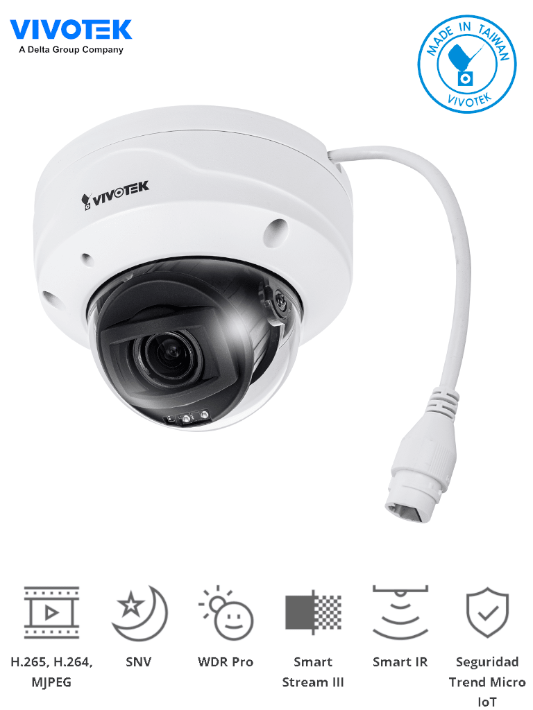 VIVOTEK FD9388-HTV - Cámara IP domo exterior 5 Megapixeles/ Lente Varifocal Remoto 2.8 A 12mm/H265/Smart IR 30mts/ WDR Pro/ Ciberseguridad Trend Micro/ Visión SNV/ Smart Stream III/ Micrófono Integrado/ Protección IP66, IK10/ NDAA/ONVIF