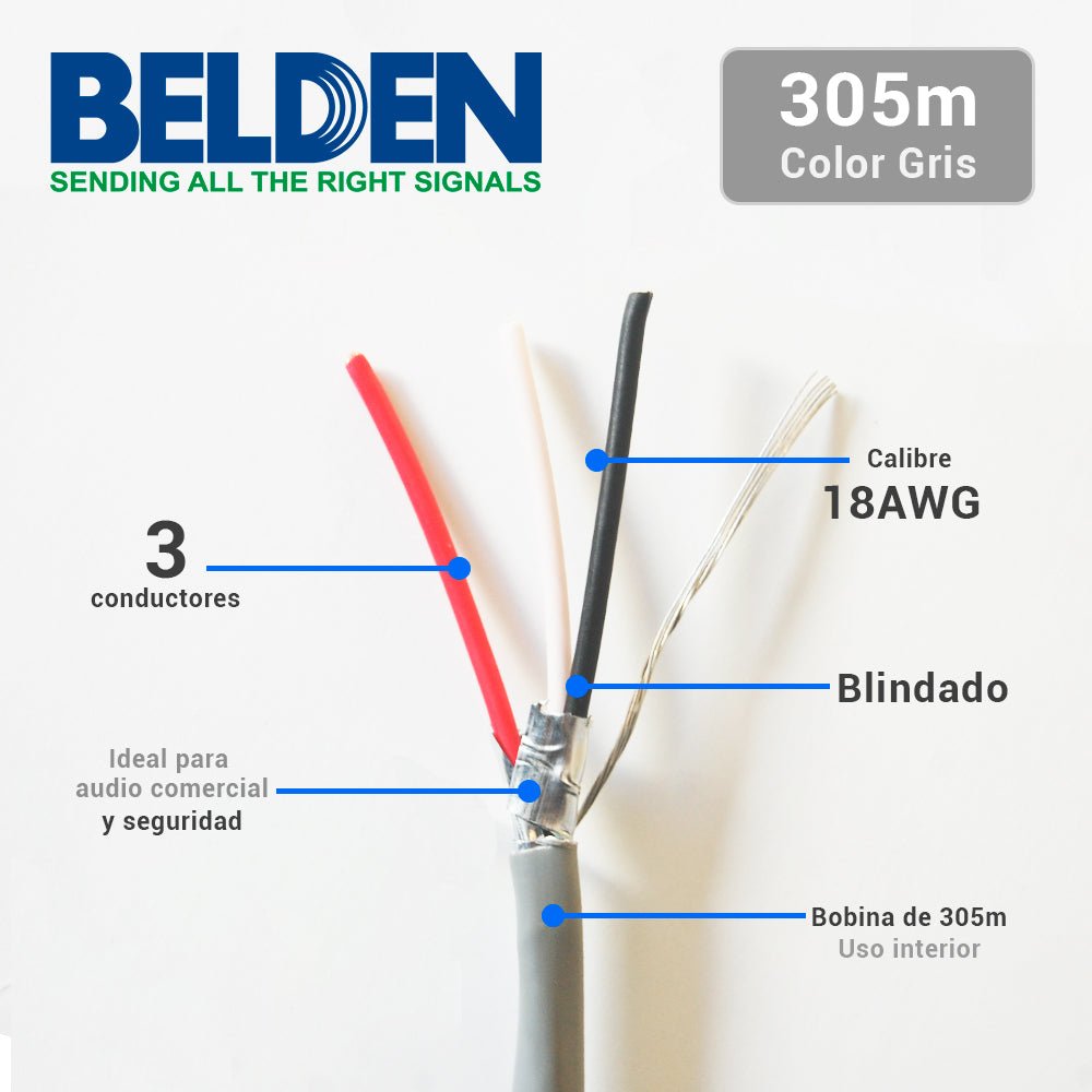 Bobina de Cable Belden 3x18 AWG Blindado Gris 305 Metros 5301FE 0081000 - SILYMX