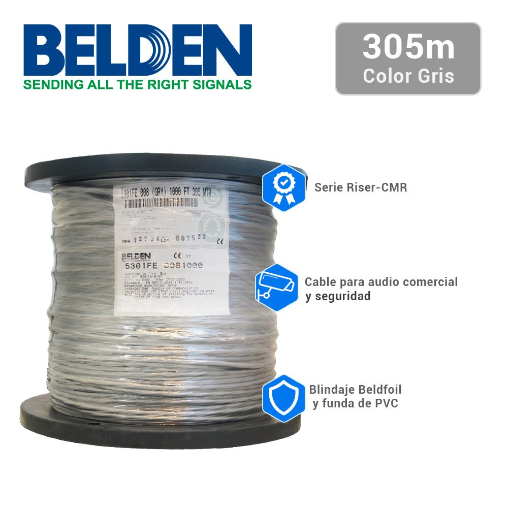Bobina de Cable Belden 3x18 AWG Blindado Gris 305 Metros 5301FE 0081000 - SILYMX