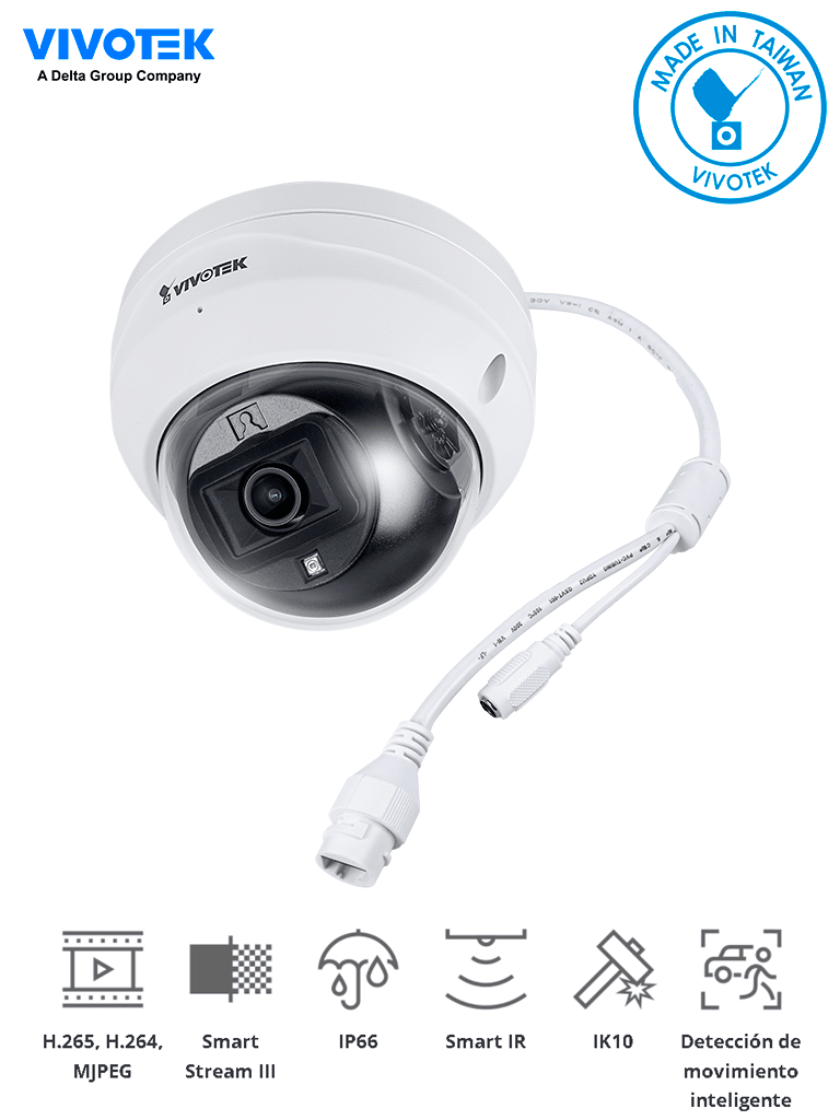 VIVOTEK FD9369 - Cámara IP domo para exterior 2 Megapixeles/ Lente Fijo 2.8mm/H265/Smart IR 30mts/ Smart Motion/ Micrófono Integrado/Protección IP66, IK10/Smart Stream III/ NDAA/ONVIF #ARMATUKIT