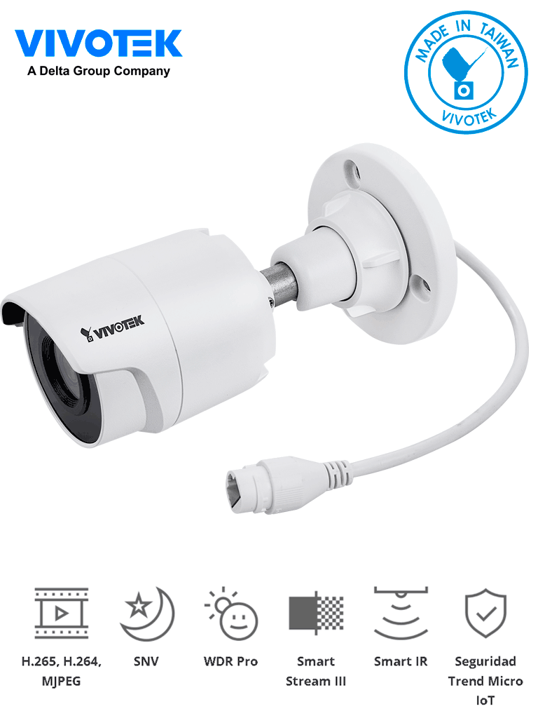 VIVOTEK IB9380-H - Camara IP bullet exterior 5 Megapixeles/ H265/Lente 3.6mm/ Smart IR 30mts/ WDR Pro/ Visión SNV/Ciberseguridad Trend Micro/ Smart Stream III/ Ranura para MicroSD/SDHC/SDXC/ Protección IP66, IK10/ NDAA/ONVIF - SILYMX